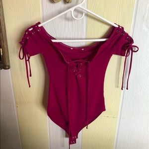 Charlotte Russe Pink Tie Bodysuit Off Shoulder
